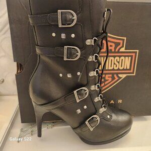 Harley-Davidson Black Leather Lace-Up Buckle Ankle Boots